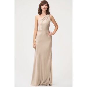 Jenny Yoo Collection Lena One Shoulder Satin Formal Gown Pale Gold Size 8